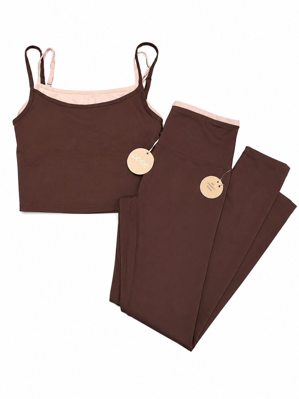 Posie Active Double Layered Tank & Leggings Set Brown Light Pink NWT